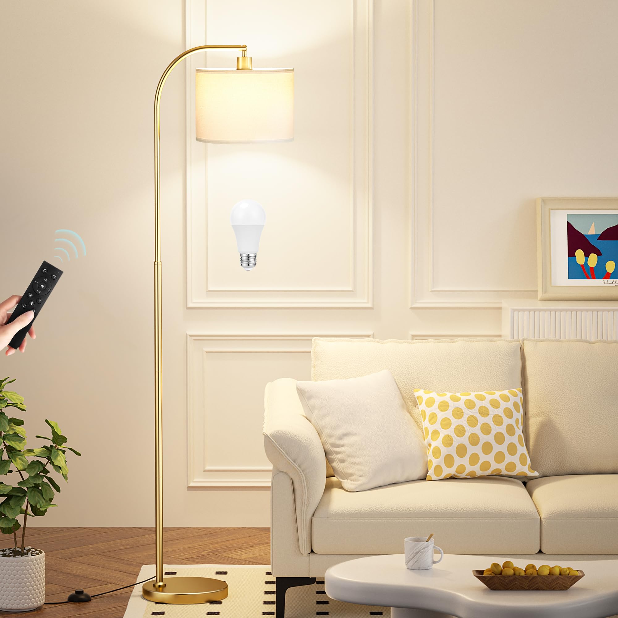 Ambimall Arc Floor Lamp with Remote and Stepless Dimmable Bulb, Colors Temperature & Brightness Adjustable, Floor Lamps for Living Room（White Shade & Gold Pole）