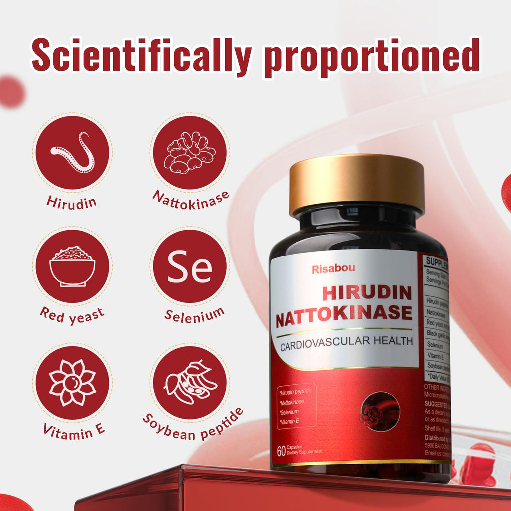 Risabou 2 Bottles Hirudin Peptide 300mg, Nattokinase 150mg with Red Yeast Extract, Black Garlic Extract, Selenium, Vitamin E, Soybean Peptide 7 in 1 Formula丨120 Capsules