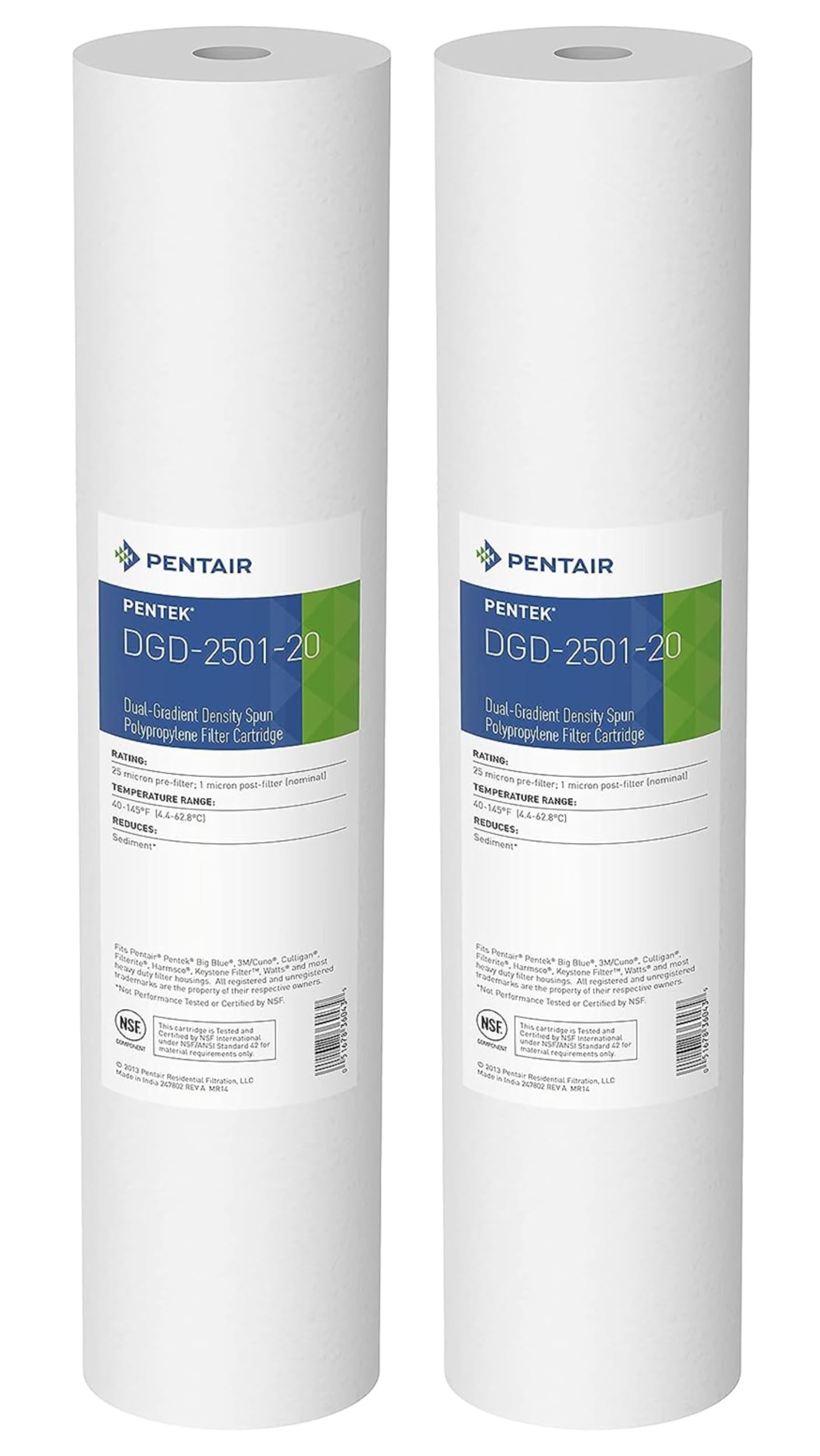 Pentair Pentek DGD-2501-20 Big Blue Sediment Water Filter, 20-Inch, Whole House Dual-Gradient Density Spun Polypropylene Cartridge, 20" x 4.5", 1 Micron, Pack of 2