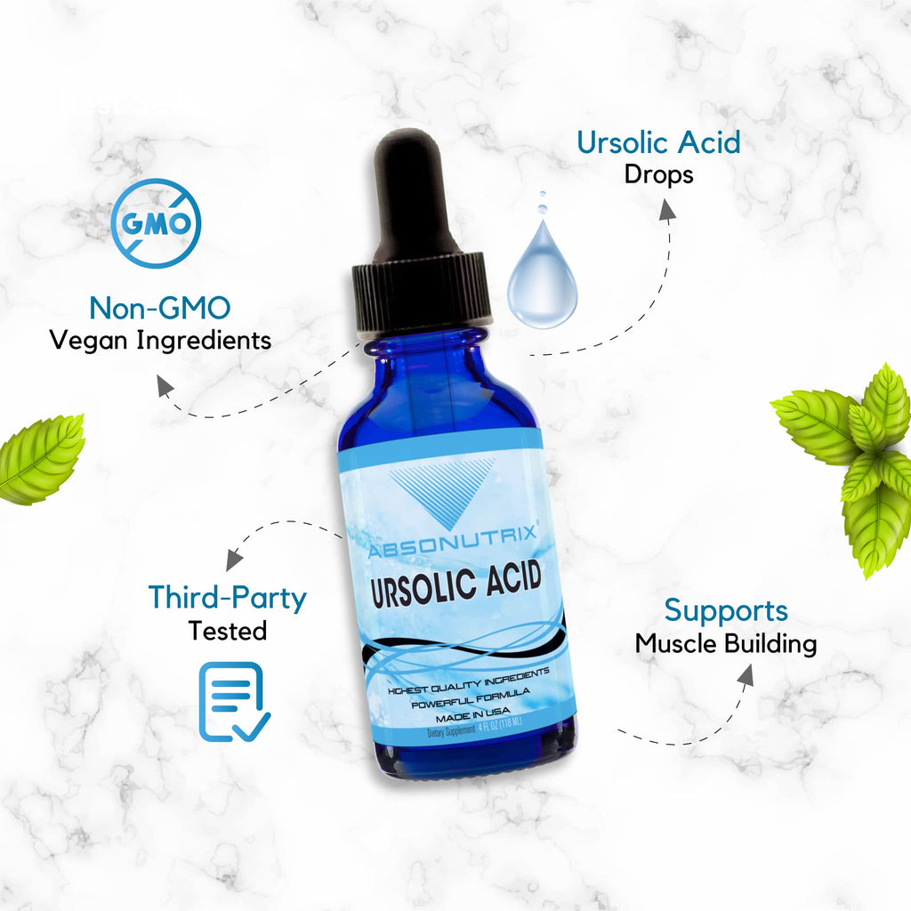Absonutrix Ursolic Acid 590mg, 4 Fl Oz Bottle, 200 Highly Potent Servings, High Bioavailability, Quick Absorption, Third-Party Tested, GMP-Certified, Non-GMO, Cruelty-Free Products, Made in USA
