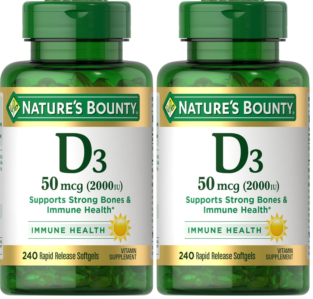 Nature's Bounty Vitamin D3 2000 IU, Immune and Bone Support, Vitamin Supplement, 1 Per Day, 240 Rapid Release Softgels (Pack of 2)