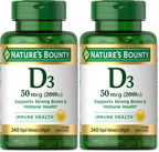 Nature's Bounty Vitamin D3 2000 IU, Immune and Bone Support, Vitamin Supplement, 1 Per Day, 240 Rapid Release Softgels (Pack of 2)