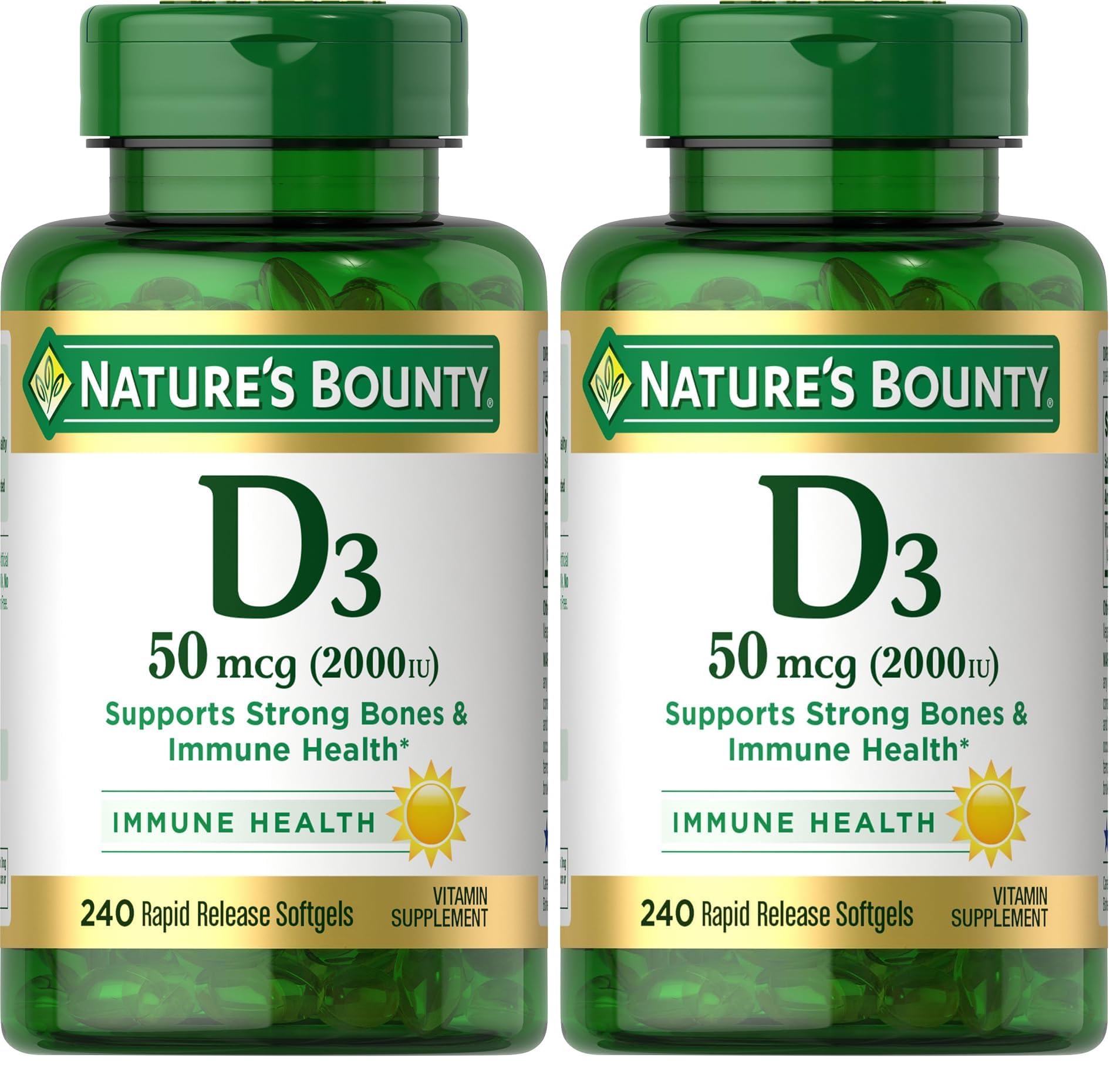 Nature's Bounty Vitamin D3 2000 IU, Immune and Bone Support, Vitamin Supplement, 1 Per Day, 240 Rapid Release Softgels (Pack of 2)