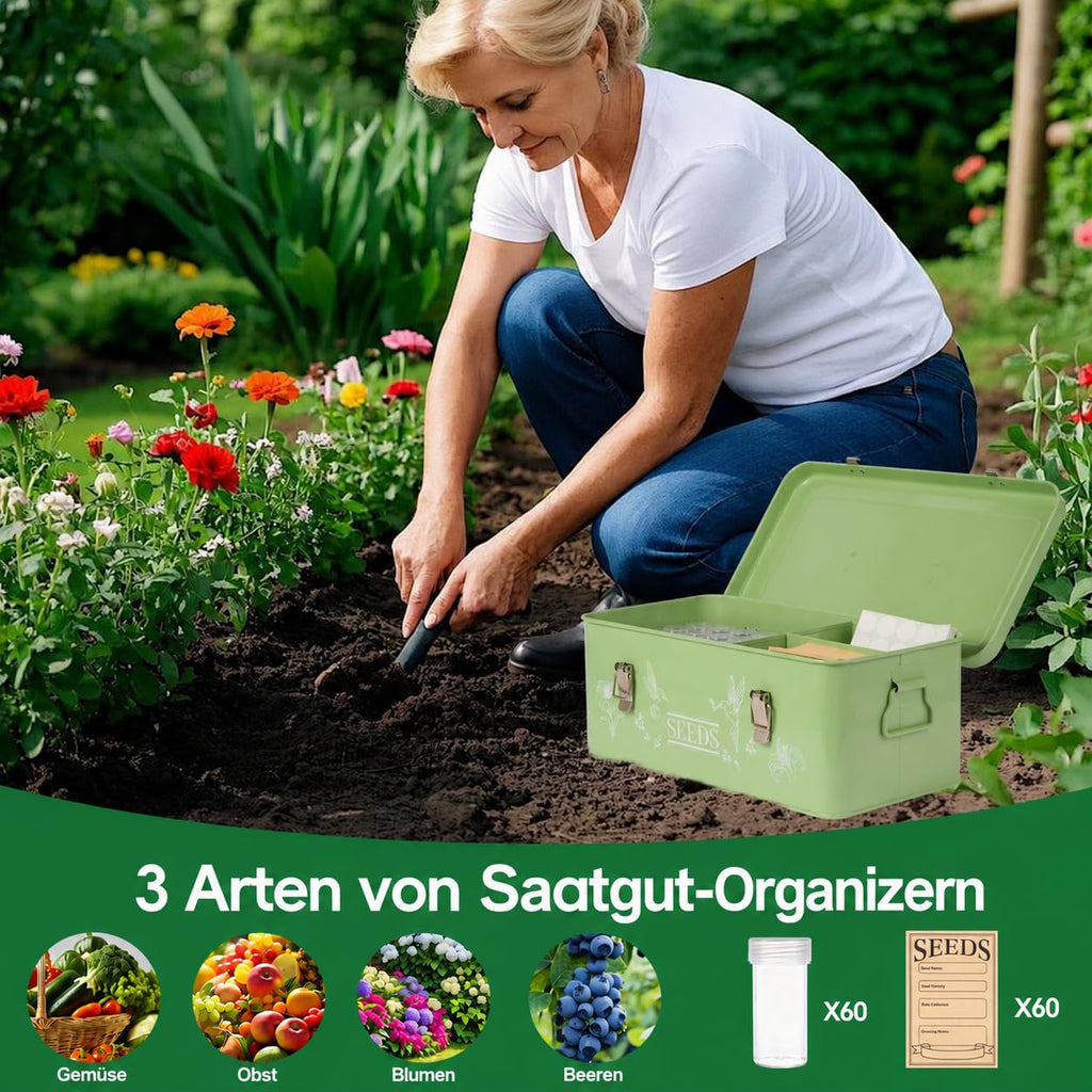 60 Slots Seed Organizer Storage Box with 3 Compartments,Large Metal Garden Seed Organizer with Lid&Safety Locks,Seed Saver Bin 50 Plant Labels 60 Seed Envelopes,Professional All-In-One Seed Saving Kit