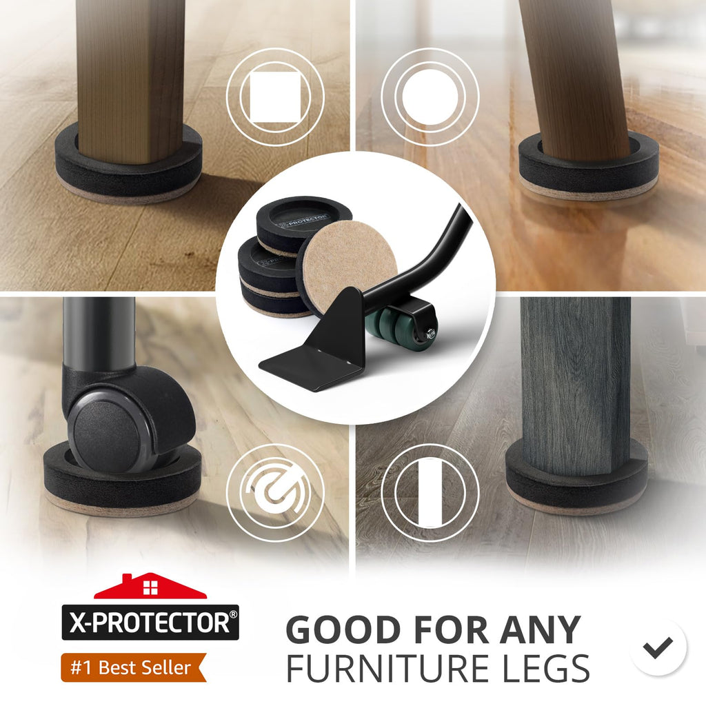 X-Protector Felt Furniture Sliders for Hardwood Floors & Furniture Lifter Tool Set - 4 PCS 3 1/2" Sliders for Furniture with Furniture Jack. Move Your Furniture Easily with Premium Furniture Movers!