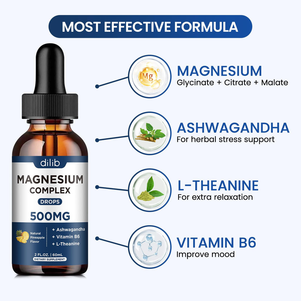 Magnesium Glycinate Liquid Drops 500mg - Triple Magnesium Complex Supplement with Citrate, Malate, Ashwagandha, L-Theanine, Vitamin B6 for Sleep, Stress Relief, Muscle, Pineapple Flavor 4 Fl Oz