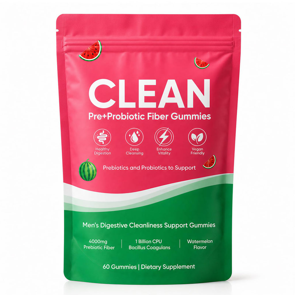 Clean Prebiotic Fiber Gummies for Men, Watermelon Flavor, Sugar-Free Pre+Probiotic Fiber Gummies, Supports Complete Clean, Digestive & Gut Health, Gluten Free, Gelatin Free, 60 Count