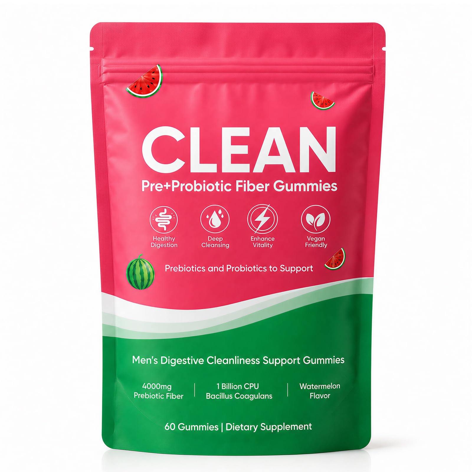 Clean Prebiotic Fiber Gummies for Men, Watermelon Flavor, Sugar-Free Pre+Probiotic Fiber Gummies, Supports Complete Clean, Digestive & Gut Health, Gluten Free, Gelatin Free, 60 Count