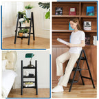 Double Elite Folding 3 Step Ladder, Sturdy 330 Lbs Load Small Step Stool for Adults, Safer Full Steel Multi-use Kitchen Ladder for Home, Closet Step Stool Ladder with Wide Pedals, Black, 3-Step