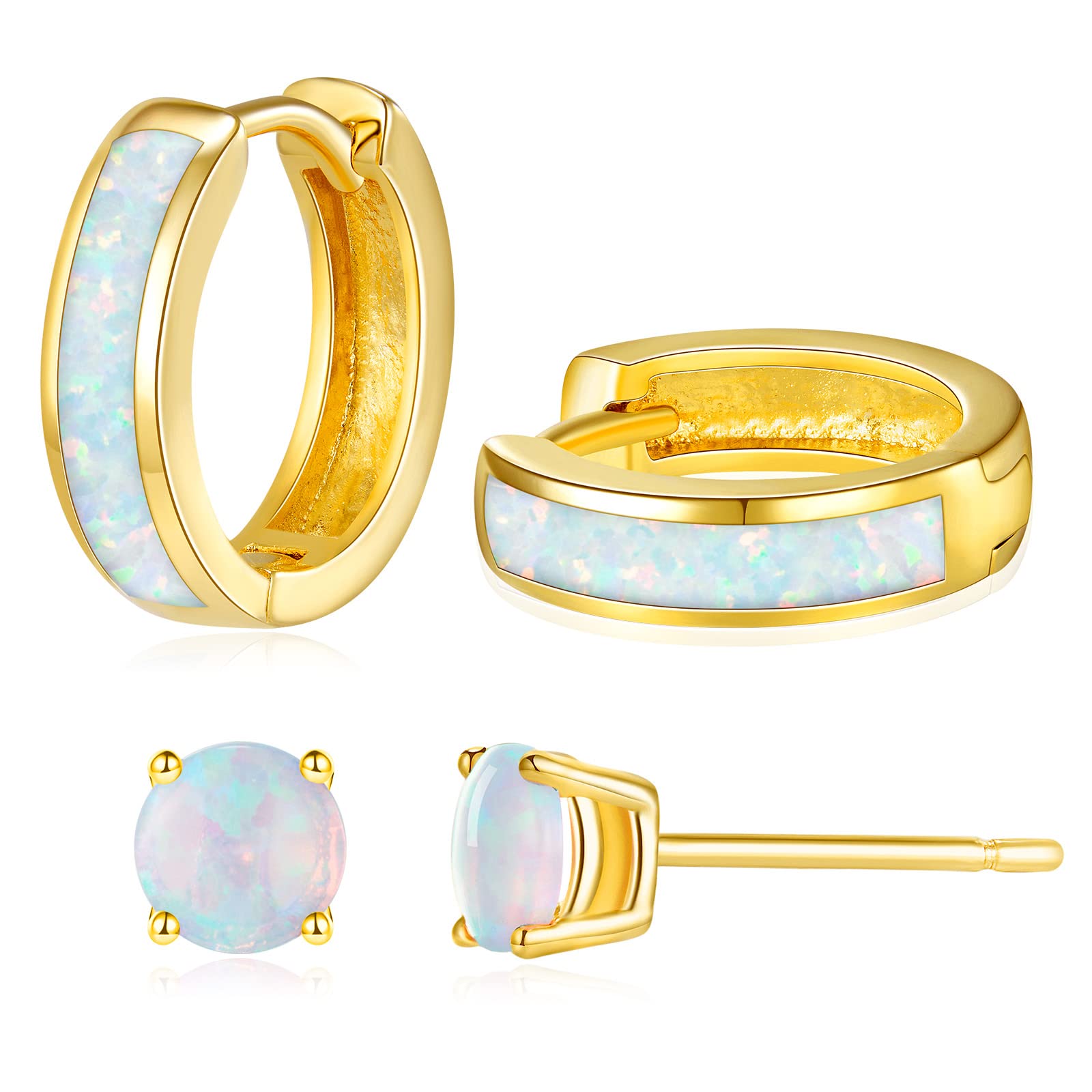 Chunky Small Gold Hoop Earrings for Women Sensitive Ears (04-Set Gold, White Opal)