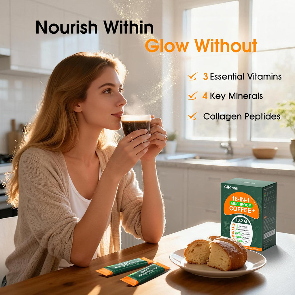 Mushroom Coffee with Collagen, Vitamins & Minerals, 6 Adaptogenic Mushrooms - Lion’s Mane, Reishi, Chaga & More, Organic Instant Coffee for Energy, Focus, Skin, Immune & Gut Support, 30 Servings