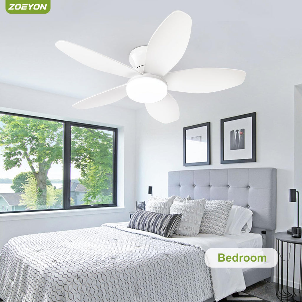 ZOEYON Small Ceiling Fan with Light - 35 Inch Flush Mount Ceiling Fan with Lights and Remote, Low Profile Ceiling Fans with 5 Reversible Blades, 6 Wind Speeds, White Ceiling Fans for Bedroom