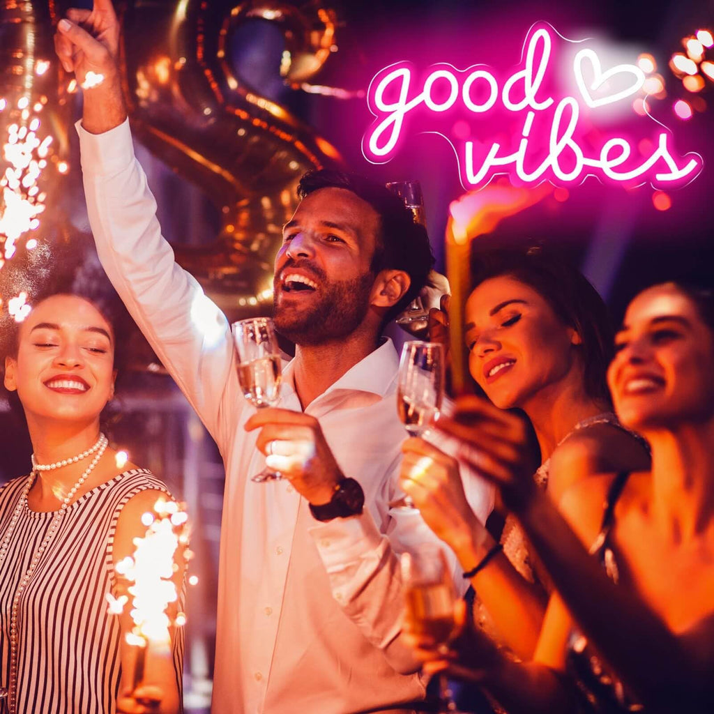 HOHOSIGN Good Vibes Neon Sign for Wall Decor Neon Lights Sign, 16"x8" Heart and Good Vibes LED Signs for Bedroom Wall, USB Operated Pink Goodvibes LED Neon Lights Signs for Game Room Christmas Decor