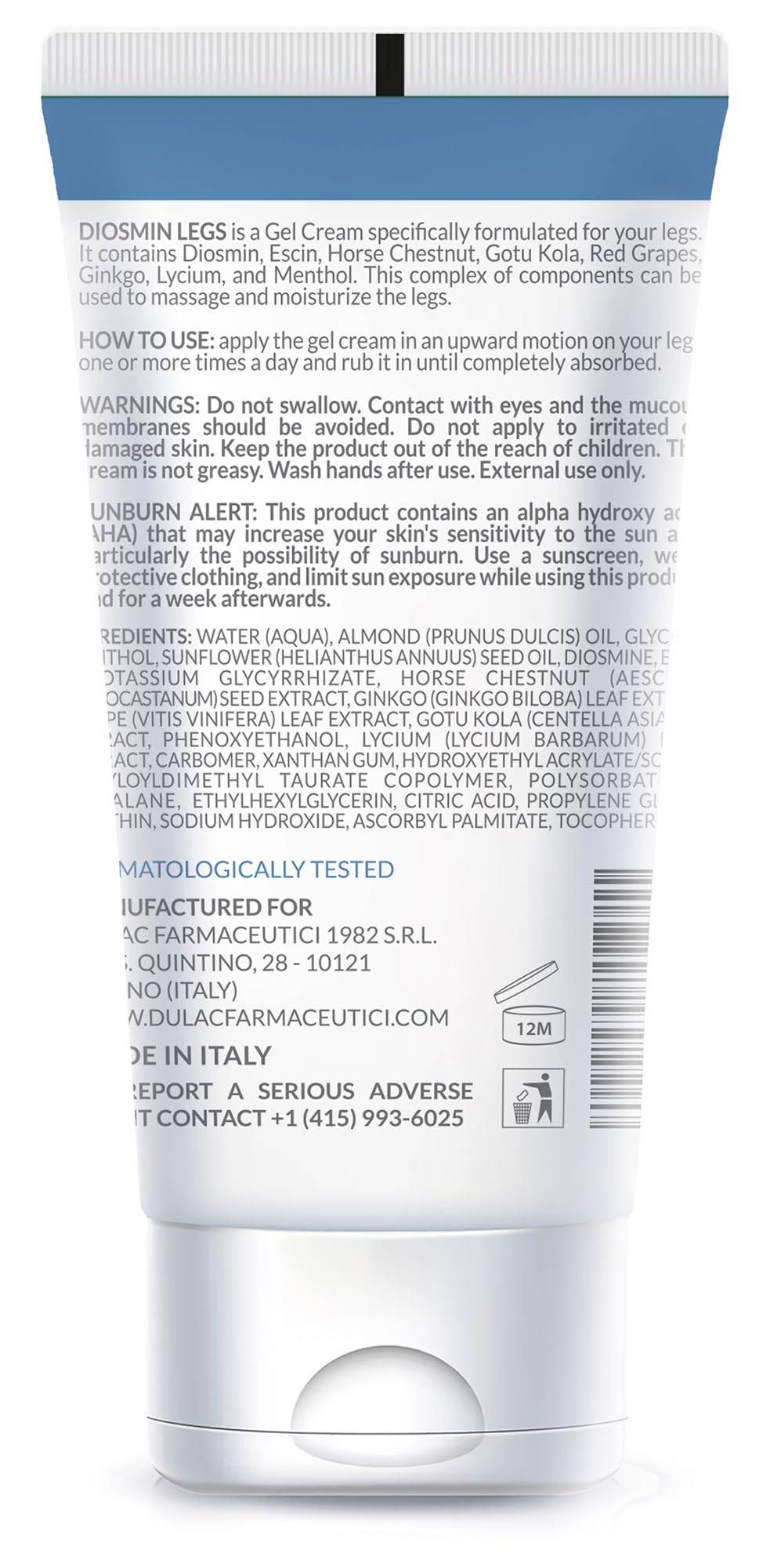 Dulac, Diosmin Legs Gel Cream, Cooling & Refreshing, with Diosmin & Menthol, Horse Chestnut Extract, Butcher's Broom & Red Vine, Fast-Absorbing, Non-Greasy, Daily Leg Care, 5.07 fl oz, Made in Italy
