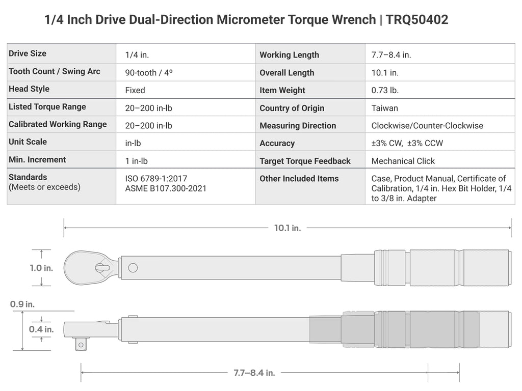 TEKTON 1/4 Inch Drive 90-Tooth Dual-Direction Micrometer Torque Wrench (20-200 in-lb) | TRQ50402