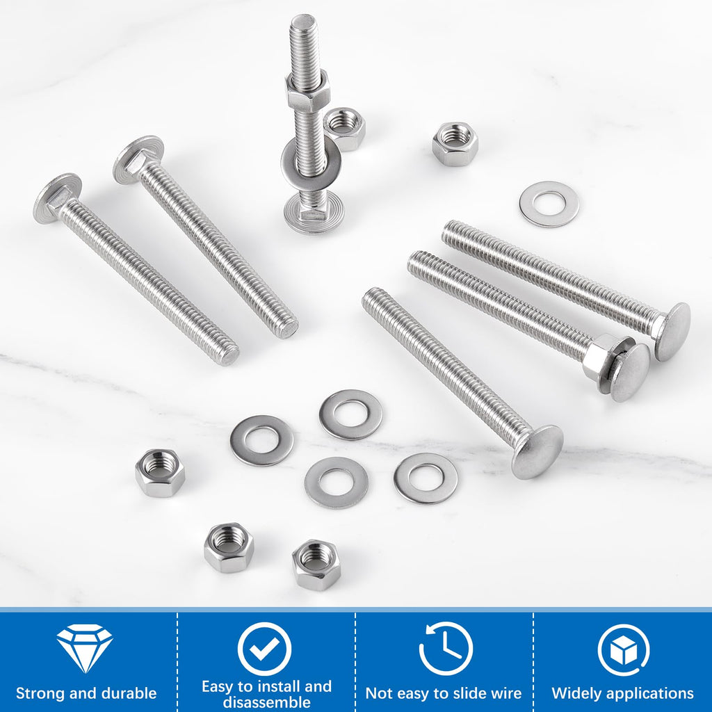 Zonon 25 Sets 3/8-16 x 3-1/2 Stainless Steel Carriage Bolts and Nuts Kit Round Head Square Neck Carriage Bolts Screws and Hex Nuts and Flat Washers, Stainless 18-8 Full Thread Coverage (Silver)