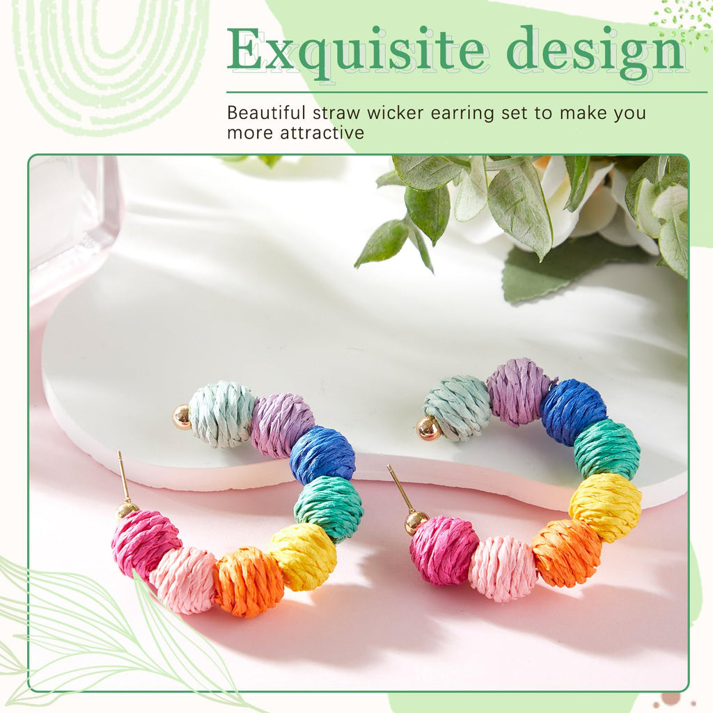 Meekoo 4 Pairs Handmade Boho Rattan Earrings for Women,Colorful
