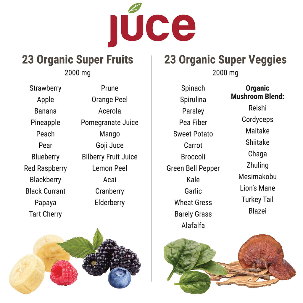 Juce Original Formula - Organic Super Fruit & Veggies Supplement - Gluten/Gelatin Free, Soy Free & Vegan- Reds & Greens Superfood Capsules- 23 Fruits & 23 Vegetables (180 Count)- By Terra Kai Organics