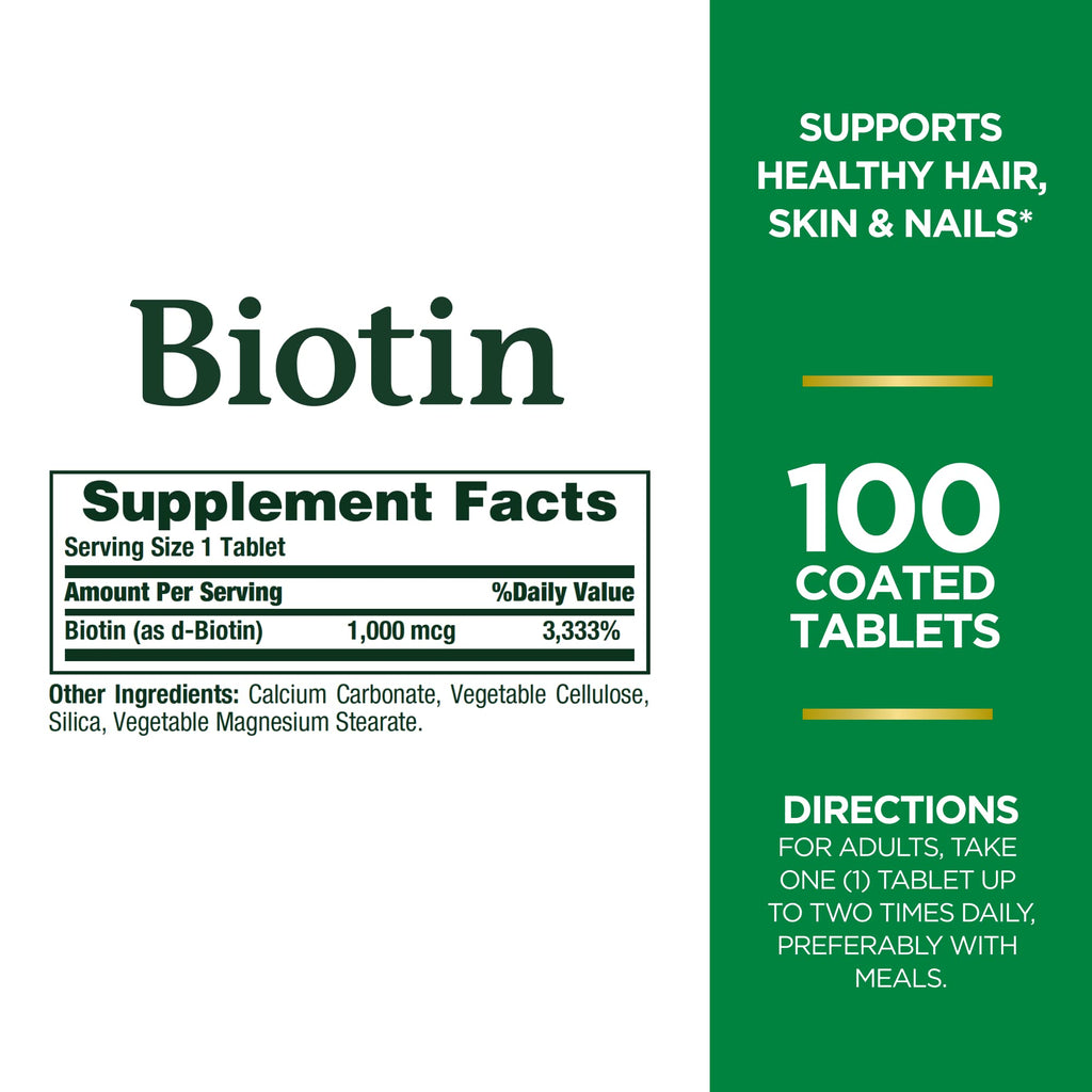 Nature's Bounty Biotin, Supports Metabolism for Energy and Healthy Hair, Skin, and Nails, 1000 mcg, 100 Tablets (Pack of 2)
