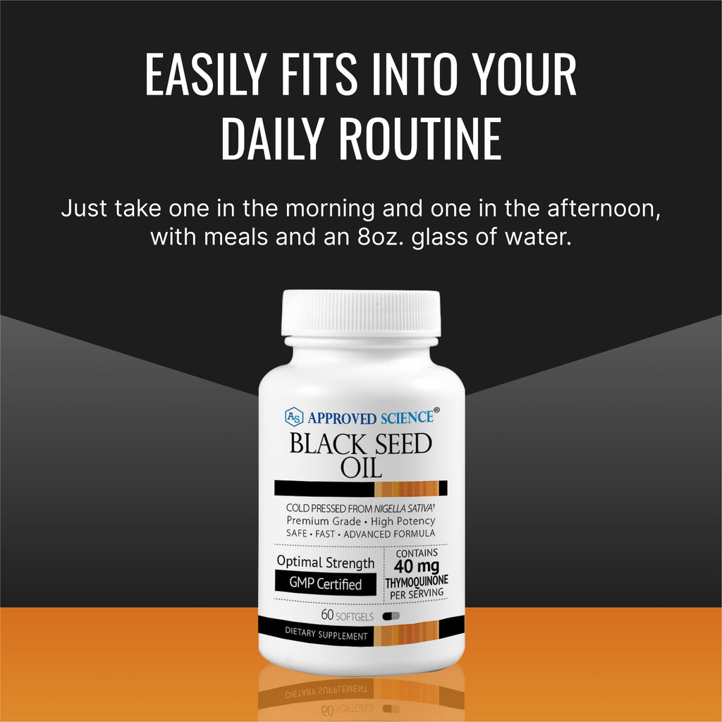 Approved Science Black Seed Oil - Cold Pressed Nigella Sativa - Boost Immunity, Respiratory, Cognitive, and Digestive Health - 2% Thymoquinone - 1 Bottle - 60 Softgels - Made in The USA