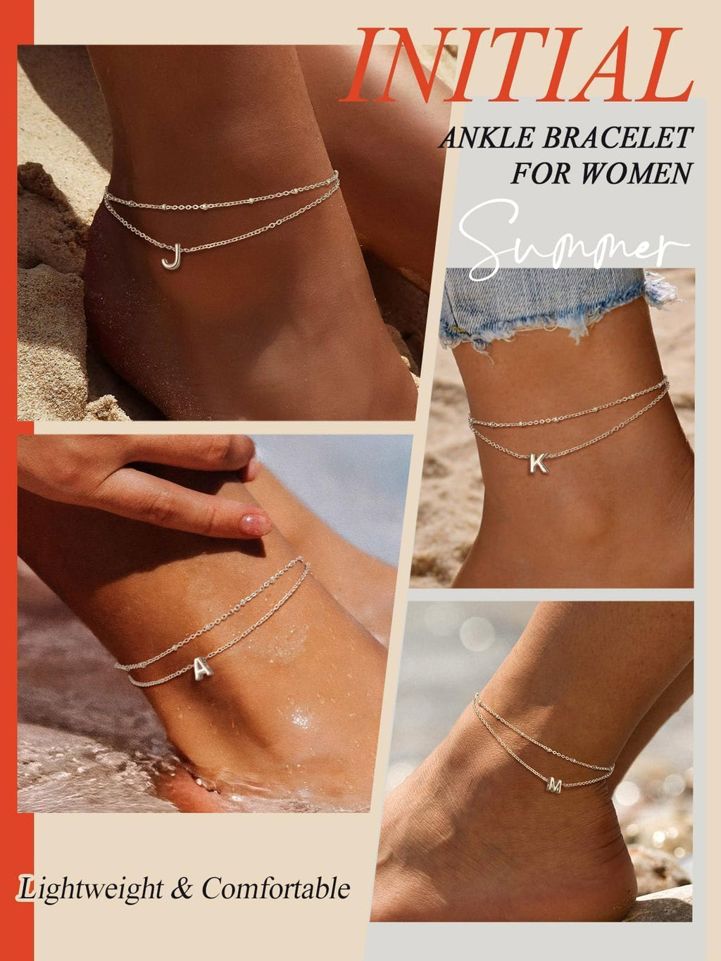 FaithHeart Silver Anklets for Women Waterproof, Dainty Layered Initial Ankle Bracelets Letter A-Z Waterproof Fashion Jewelry Gifts for Women, Length 8.5"+2"