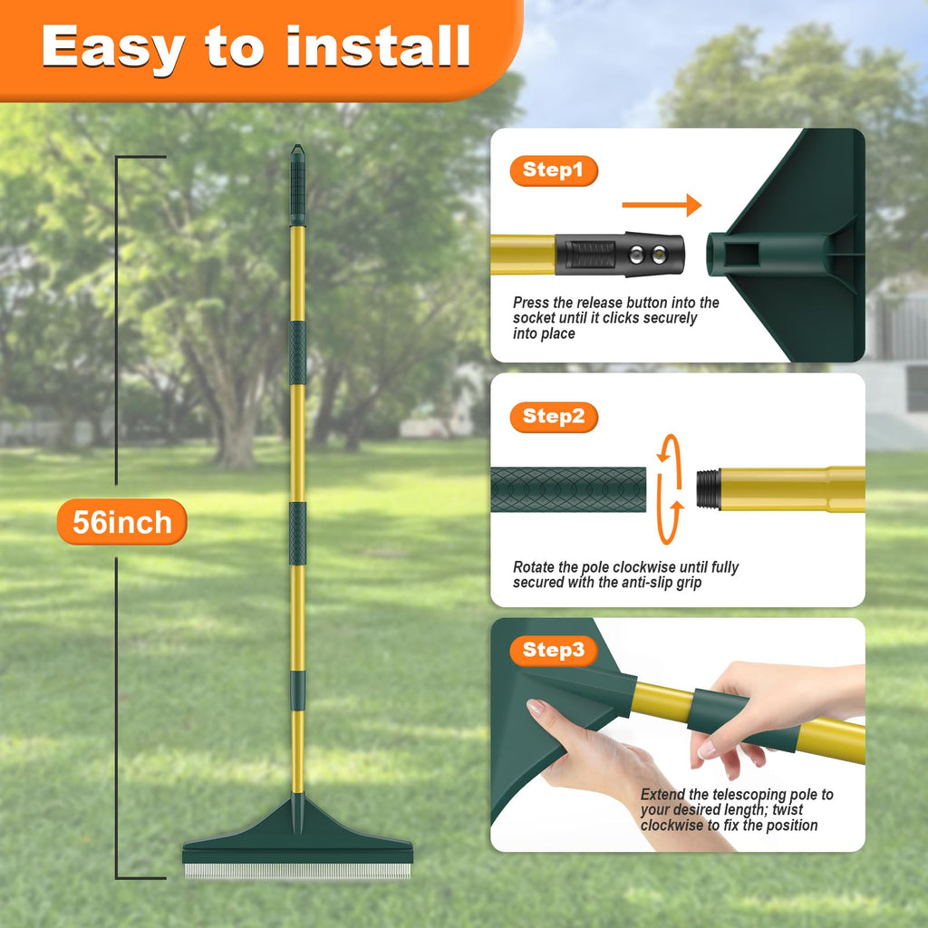 Artificial Turf Rake with Steel Telescopic Handle, 32 to 55 Inch 3 Piece-Pole Easy Storage Design, Garden Hand Boom Rake for Artificial Grass, Carpet Pet Hair, Lawn Leaves and Debris Remove, Yellow