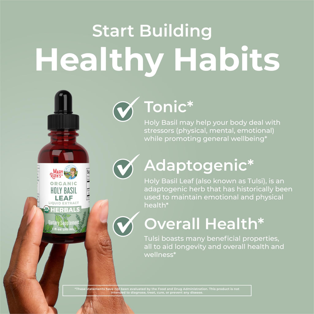 MARYRUTH'S Organics Holy Basil Sugar Free | Tulsi Holy Basil Herbal Liquid Drops | Antioxidant | Cognitive Function | Digestive Support | Energy Levels | Vegan | Non-GMO | 1 Fl Oz