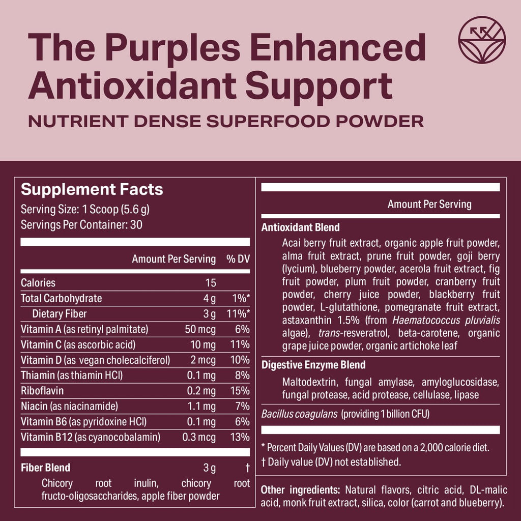 Proper, The Purples Nutrient-Dense Superfood Powder - Antioxidant Supplement and Cellular Support – Acai, Amla, Blueberry, Vitamin C, B Vitamins & More - Enhanced with Prebiotic Fiber & Probiotics