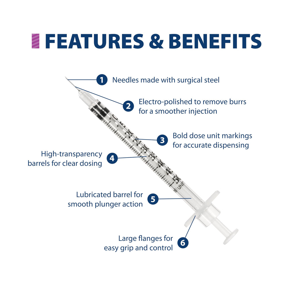 Easy Touch 28 Gauge U-100 Insulin Syringes (28G 0.5cc 1/2”) with 1/2” Long Needle, 0.5cc (50 Unit Capacity), Bold Markings for Accurate Dosing, Disposable, Box of 100