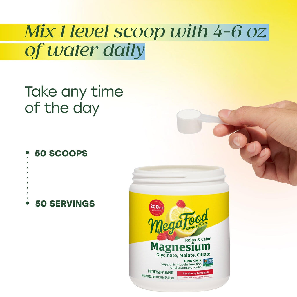 Megafood Relax + Calm Magnesium Powder - Highly Absorbable Magnesium Glycinate, Magnesium Citrate & Magnesium Malate - Without 9 Food Allergens - Raspberry Lemonade Flavor - 7.05 Oz (50 Servings)