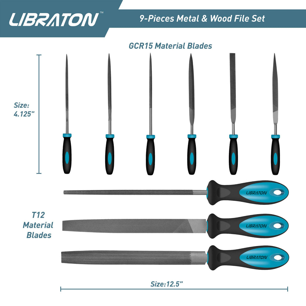 LIBRATON Metal Files - 9pc Set, Needle, Flat, Round, Half-Round Files for Metal & Woodworking