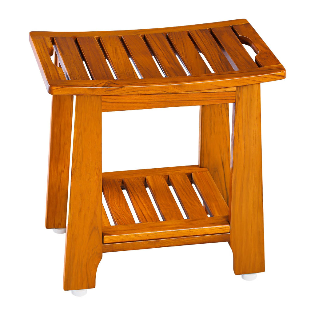 18" Standard Teak Shower Bench with Shelf & Handle - Waterproof, Non-Slip Bath Stool, 300 lbs Capacity - Fits Standard Tubs/Showers & Outdoor Use (Patented)