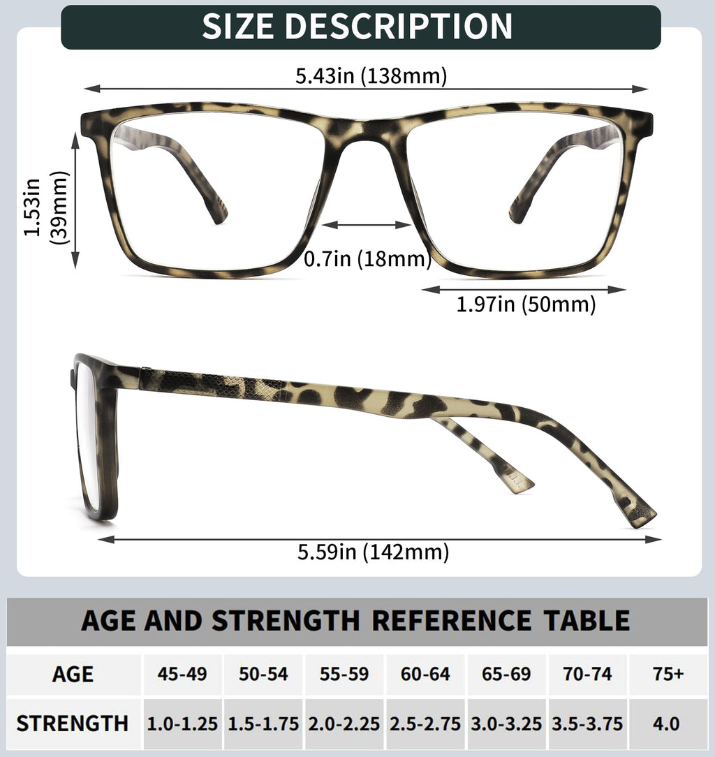 READITEASY Mens Reading Glasses 2.0+ Blue Light Blocking 4 Pack, Wide Computer Readers for Men with Spring Hinge Reduce Eyestrain/UV/Dryness, Square Large Trendy Eyeglasses 2.0