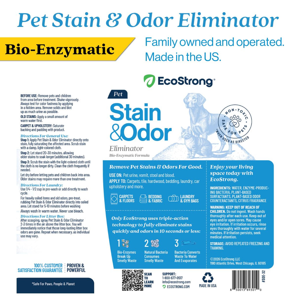 Eco Strong Pet Stain and Odor Remover - Cat Urine Enzyme Cleaner Destroyer, Urine Destroyer for Dogs, Pet Urine Enzyme Cleaner - 32 OZ