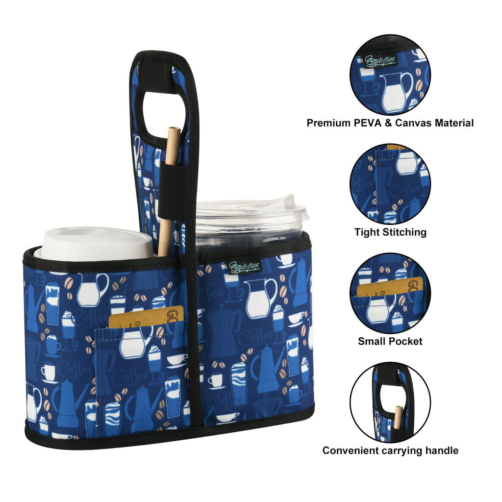 Beautyflier Drink Carrier with Handle for Delivery Reusable Insulated Coffee Cup Carrier Portable Cup Holder with Handle Organizer Tote Bag for Hot & Cold Drinks (2 Cup, Pattern2)