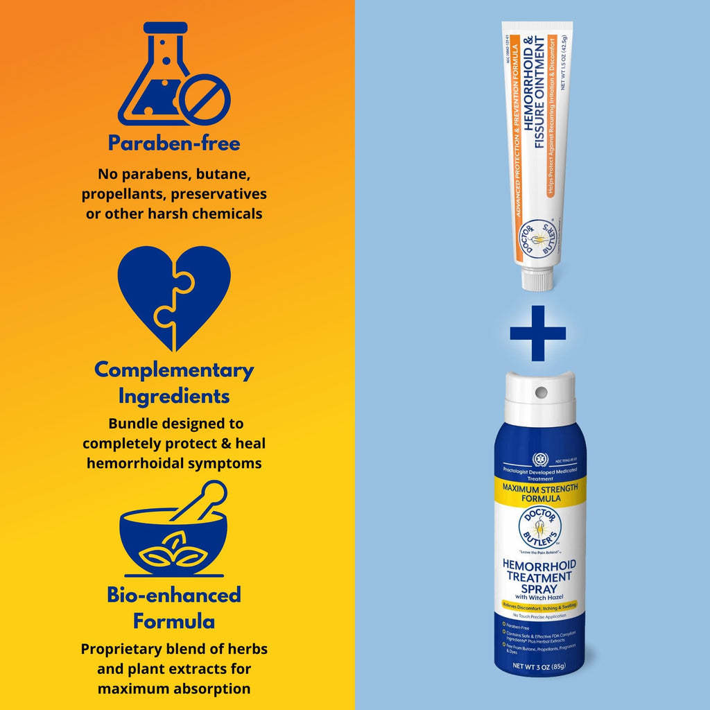 Doctor Butler's Hemorrhoid Treatment Bundle - Includes Advanced Hemorrhoid & Fissure Ointment with Lidocaine for Fast Acting Relief and Hemorrhoid Spray with Witch Hazel for Itch Relief*