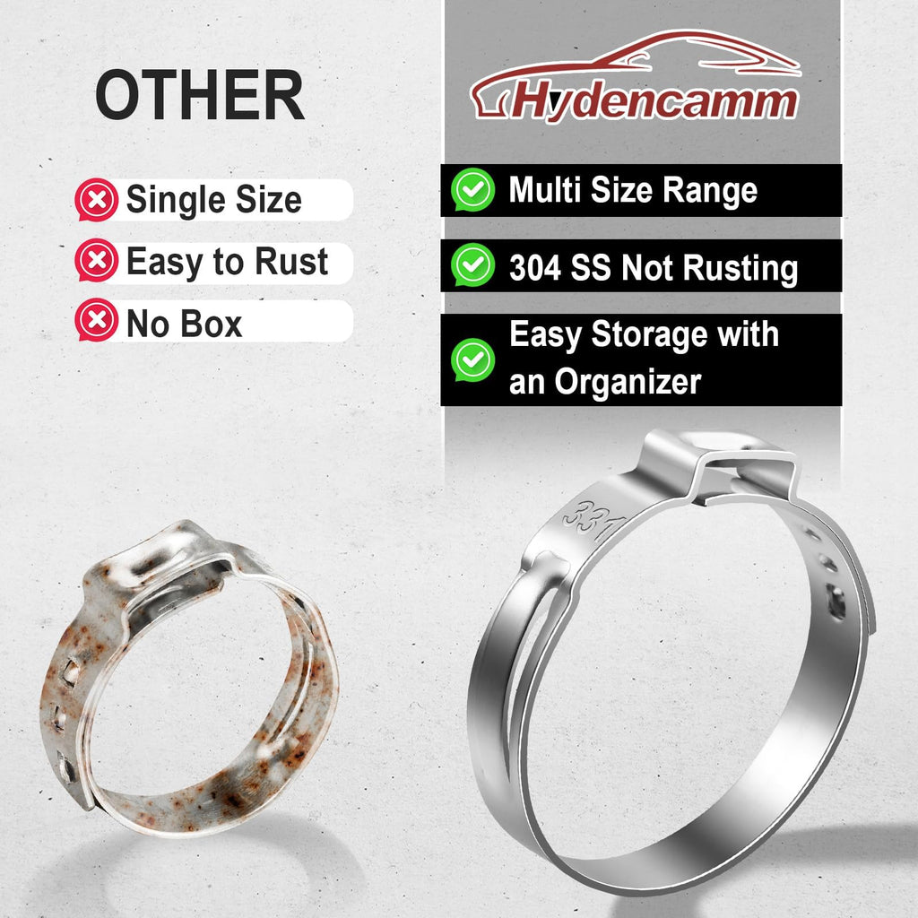 Hydencamm 370PCS 15 Sizes Single Ear Hose Clamps, 5.3-33.1mm 304 Stainless Steel Crimp Hose Clamps, Stepless Adjustable Cinch Clamps for Automotive, Home Appliance Line, Plumbing and Industrial Use