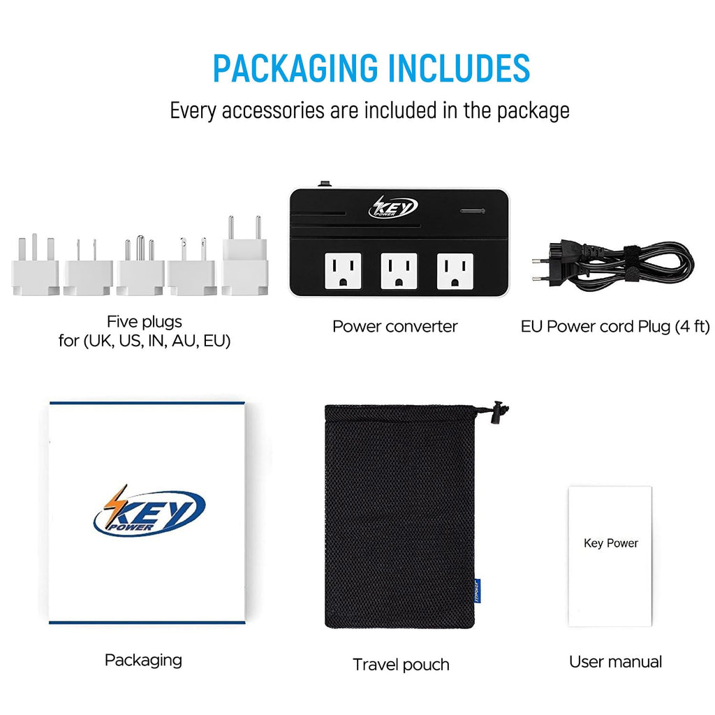 Key Power 230-Watt Step Down 220V to 110V Voltage Converter & International Travel Adapter/Power Converter with USB-C Port 18W - [Use for USA Appliance Overseas in Europe, AU, UK, Ireland, etc.]