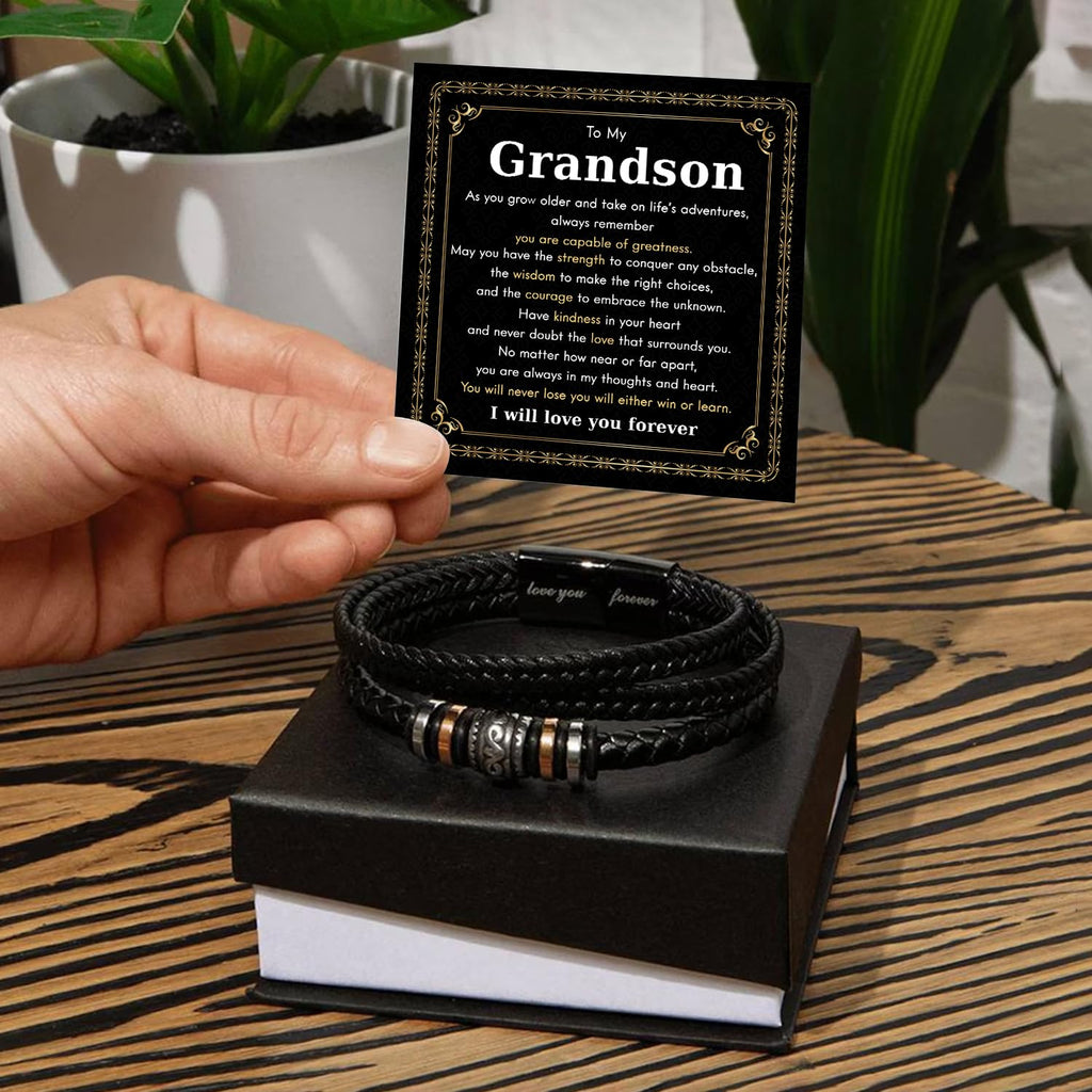 Mapileng To My Grandson – Braided Leather Bracelet with Love You Forever Message, Thoughtful Gift from Grandpa & Grandma with Elegant Gift Box – Ideal for Birthday, Graduation, Christmas For Grandson