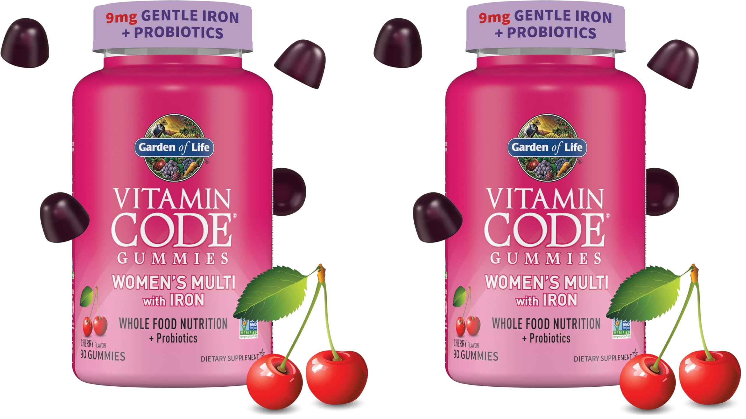 Garden of Life Vitamin Code Women’s Multivitamin Gummy with Iron: Folate, Biotin, D3 & B12 for Hair, Skin,Nails Probiotics for Immune Health, Non-GMO, Gluten-Free, 90 Cherry Gummies (Pack of 2)