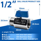 2 Pack 1/2" Mini Ball Valve, 304 Stainless Steel Valve NPT Female x Male Thread Shut-Off Valves for Small Compact Space (2, 1/2 Inch)