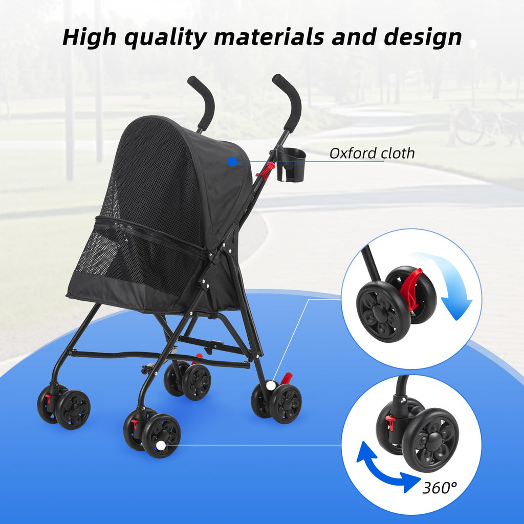 COOLCRAB Pet Stroller Oxford Cloth Foldable Dog Strollers for Small Dogs and Cats Suitable for All Road Surfaces Wide-View Panoramic Window 4 Wheels with Brakes Portable Design, Easy to Store (Pink)