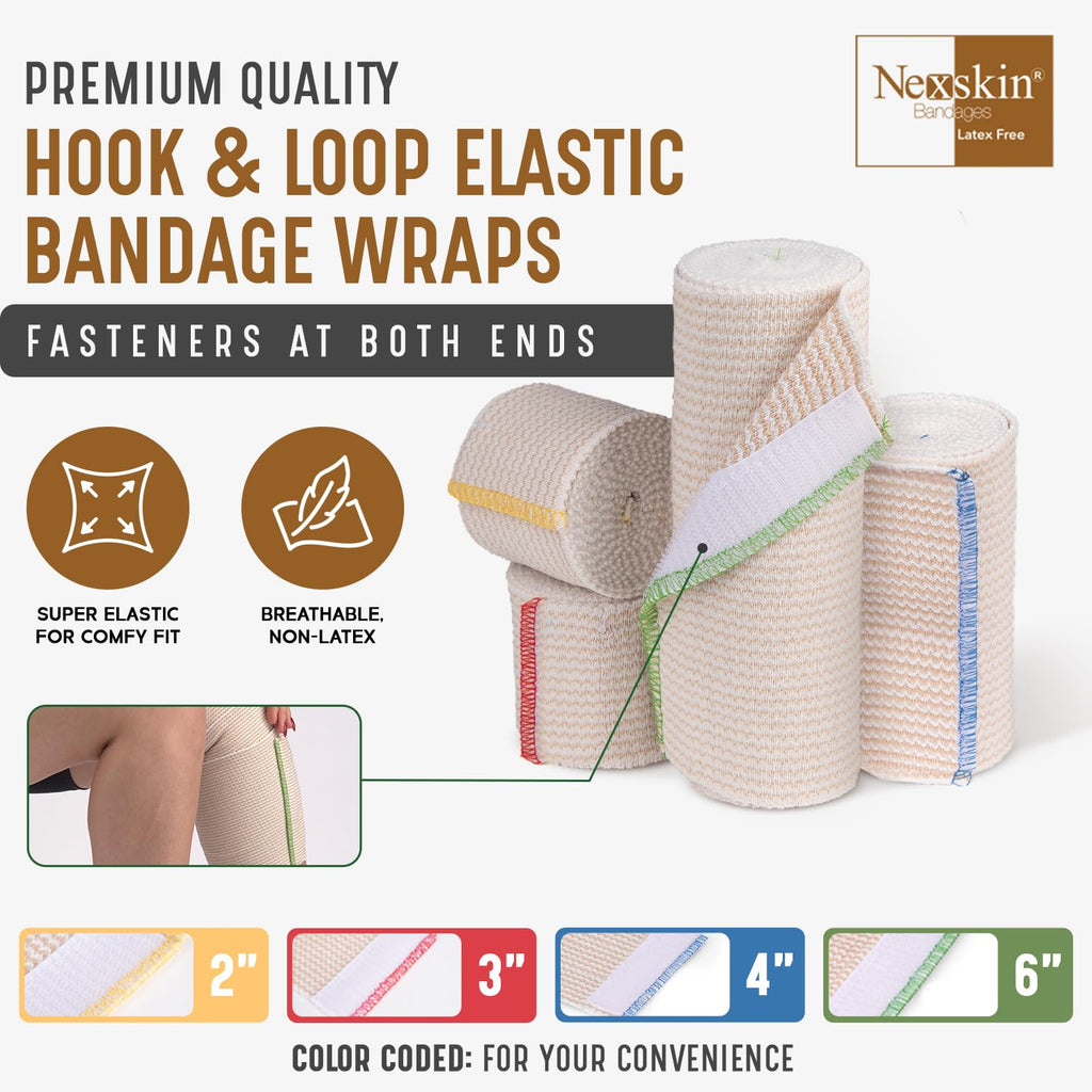 Premium Elastic Bandage Wrap (2” Wide, 6 Pack) - Nexskin Latex Free Athletic/Medical Compression Bandages Hook & Loop Fasteners at Both Ends - Lifetime Washable & Reusable Bandages
