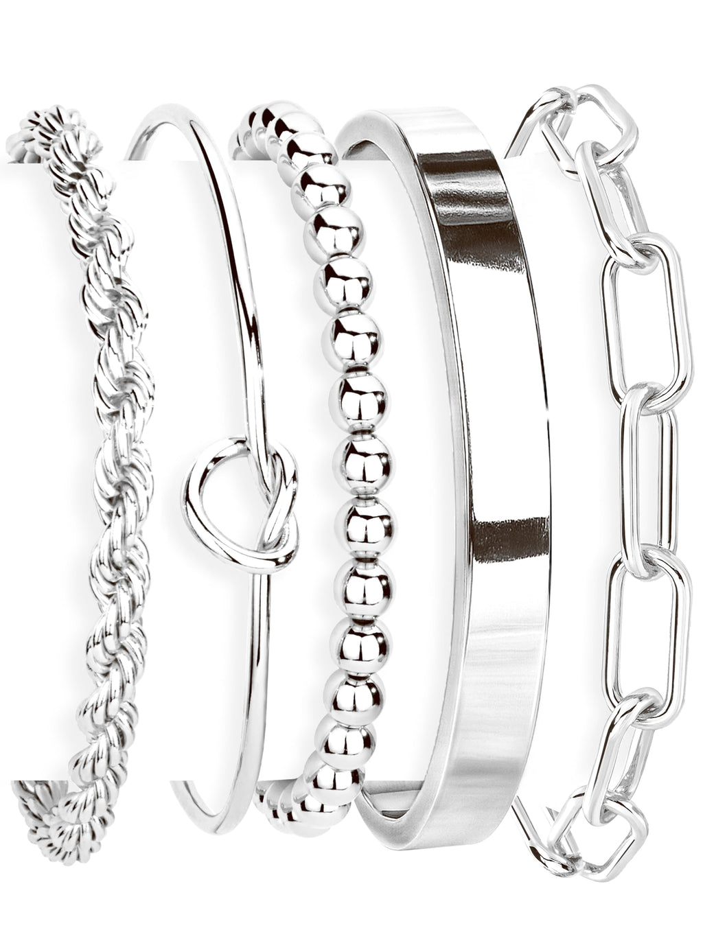 Gokeey Silver Cuff Bracelets for Women,Dainty Silver Bangles Bracelets Set for Women, Paperclip Link Chain Rope Beaded Tie Knot Bracelets Stack Chunky Jewelry