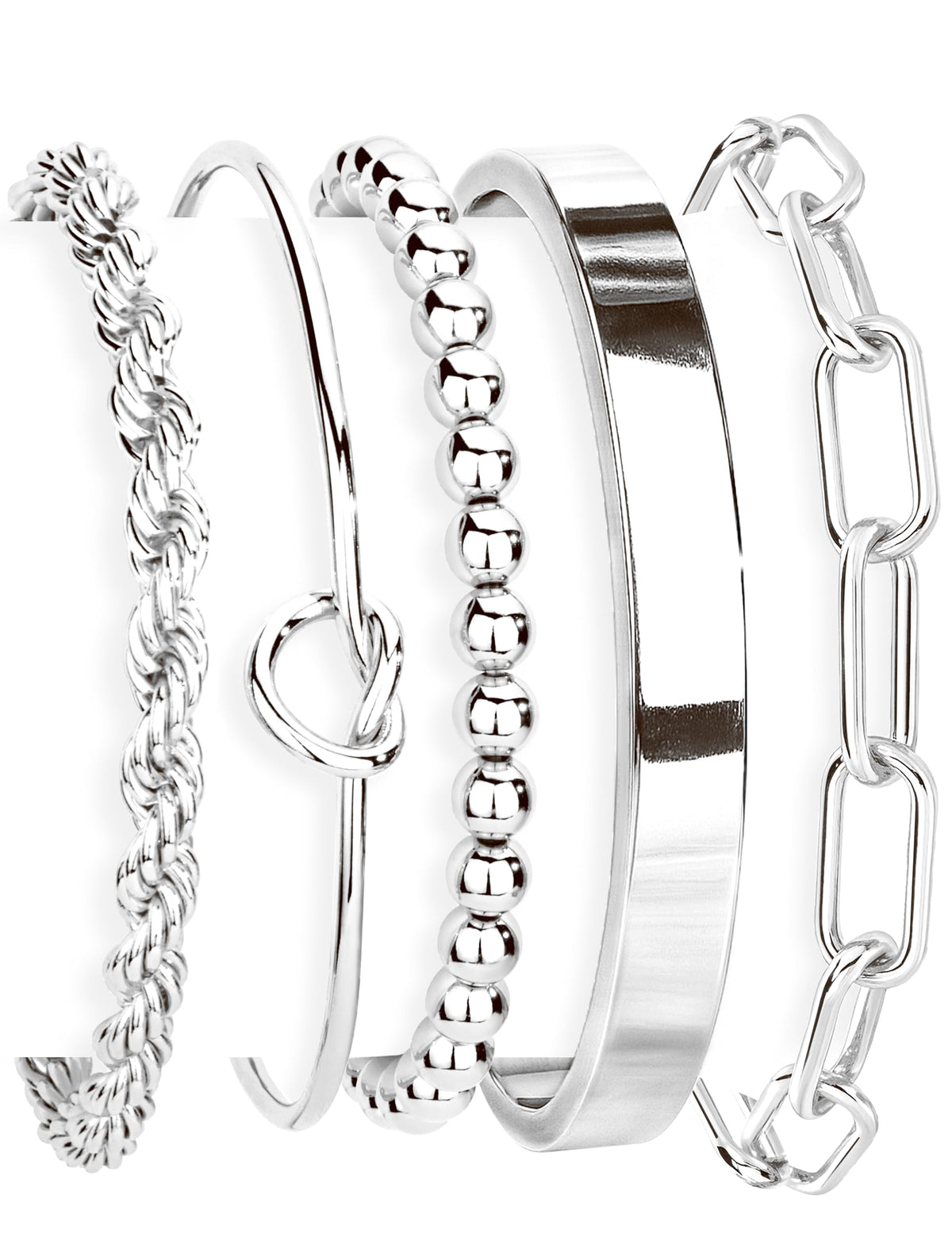 Gokeey Silver Cuff Bracelets for Women,Dainty Silver Bangles Bracelets Set for Women, Paperclip Link Chain Rope Beaded Tie Knot Bracelets Stack Chunky Jewelry