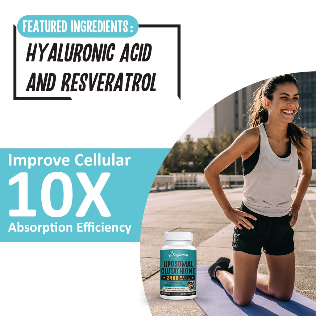 2400 MG Liposomal Glutathione Softgels, Max Absorption, Active Form L-Glutathione Reduced (GSH), with Hyaluronic Acid, Resveratrol, Master Antioxidants for Detox, Brain, Immune System, 180 Softgels