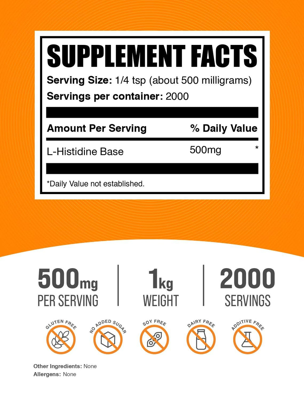 BulkSupplements.com L-Histidine Powder - as L-Histidine Base, Histidine Supplement - Essential Amino Acid & Gluten Free, 500mg per Serving, 1kg (2.2 lbs) (Pack of 1)