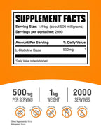 BulkSupplements.com L-Histidine Powder - as L-Histidine Base, Histidine Supplement - Essential Amino Acid & Gluten Free, 500mg per Serving, 1kg (2.2 lbs) (Pack of 1)