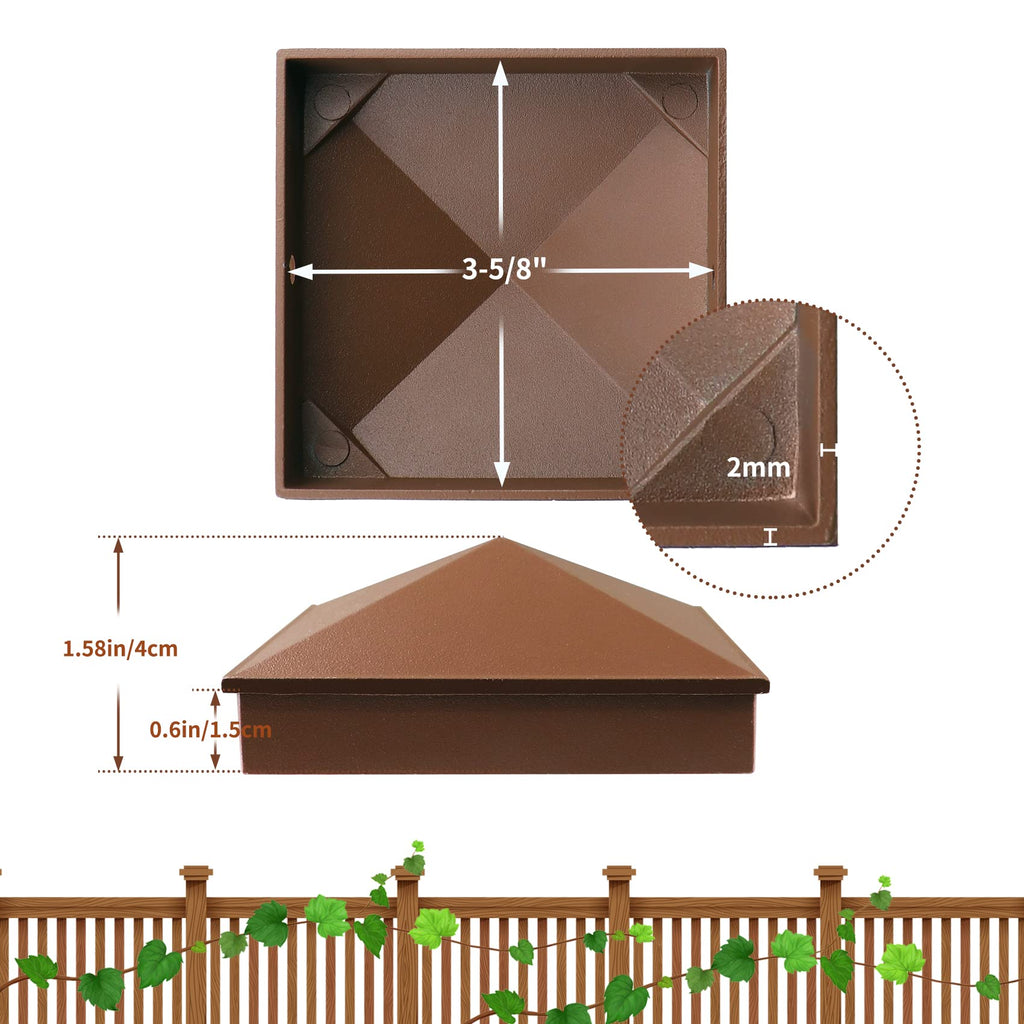 Azdele 4x4 Heavy Duty Aluminum Pyramid Post Caps Cover for 4x4 Nominal Wood Post(True 3.5" x 3.5"), with Matte Finish Powder Coated Surface, Fence Wood Post of Decks or Corridors, Brown, 4 Pack