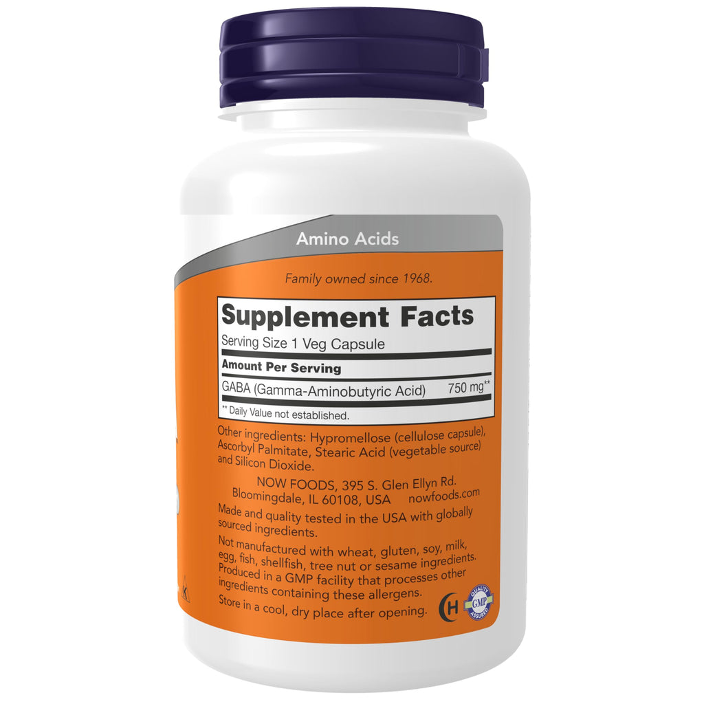 NOW Foods Supplements,GABA (Gamma-Aminobutyric Acid) 750mg,Neurotransmitter Support*,100 Veg Capsules,(Pack of 2)